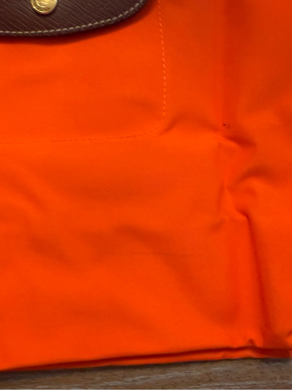 Longchamp Le Pliage Orange Nylon Brown Leather Tote Handbag 14x10x5 - Picture 8 of 10